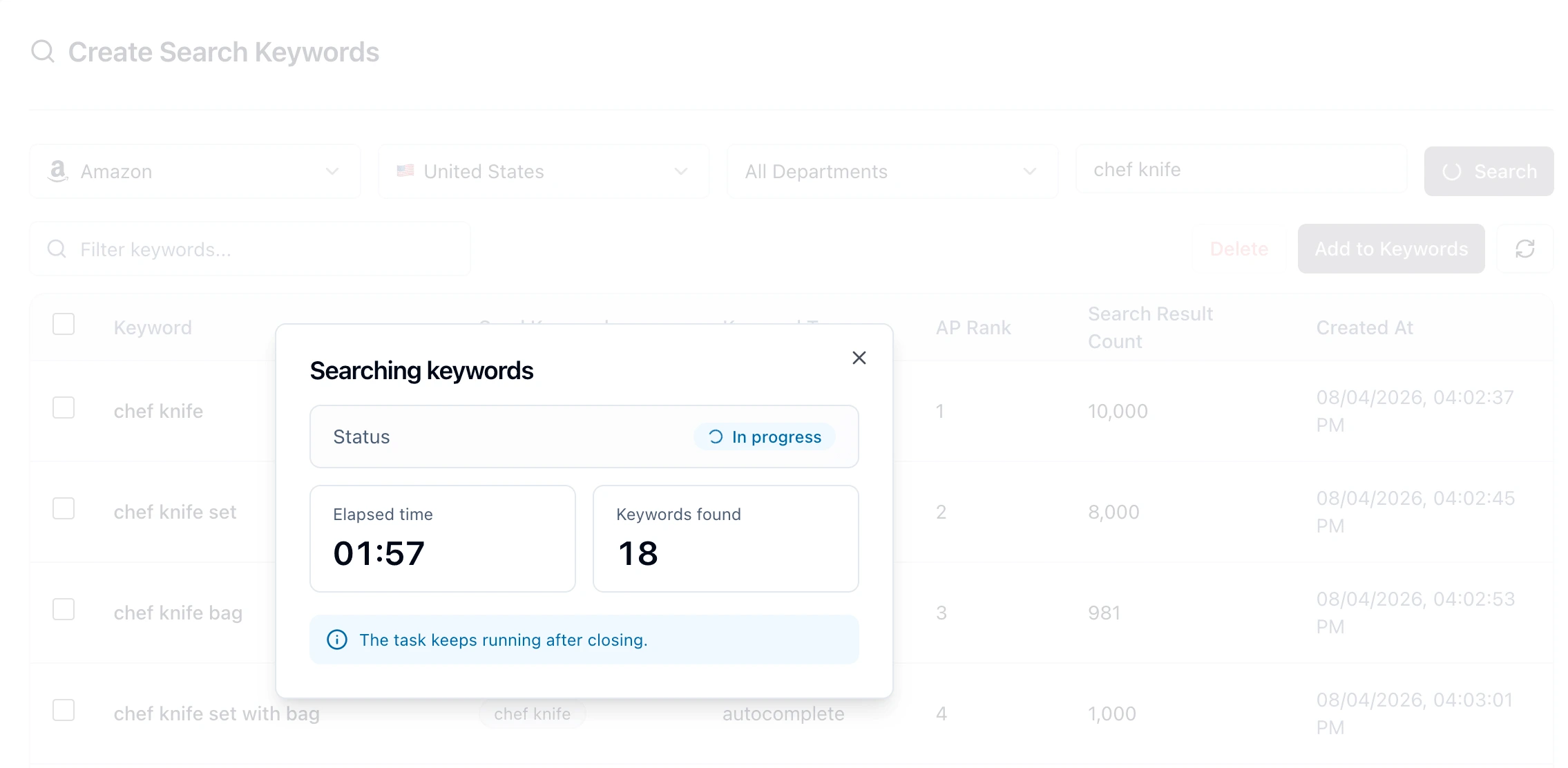 Amazon keyword search progress panel showing status, elapsed time, and keyword count