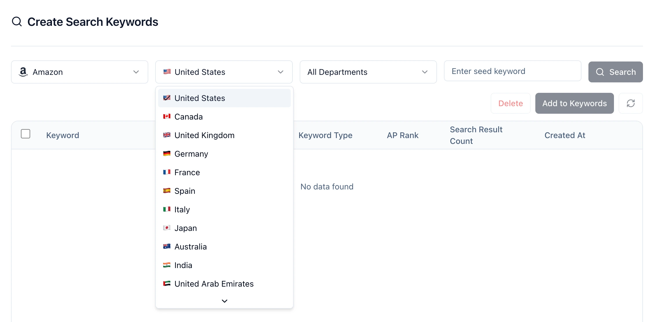 Selecting source, marketplace, and department in the SellClaw Amazon keyword research tool