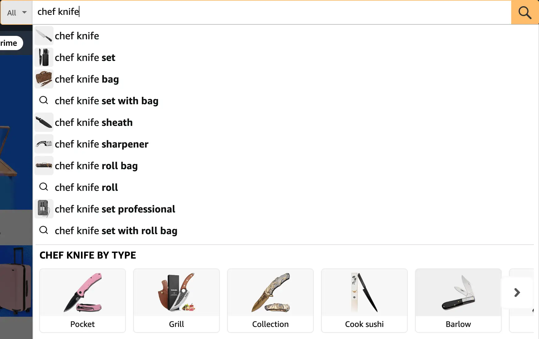 Sugerencias de autocompletado de Amazon para chef knife