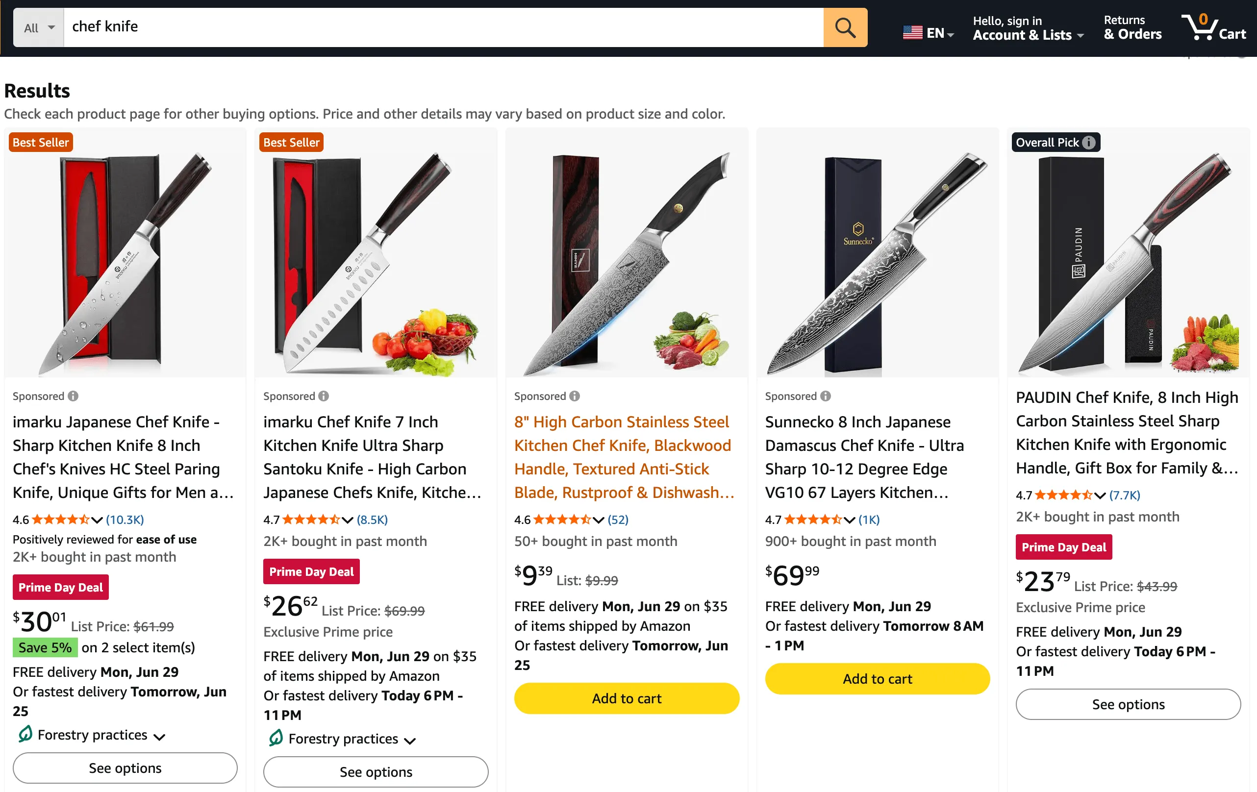 Página de resultados de Amazon para chef knife